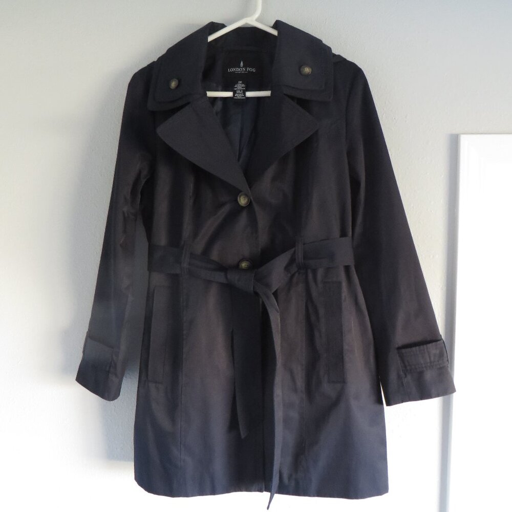 London fog women‘s classic blue double collar hooded/belted jacket/coat size M